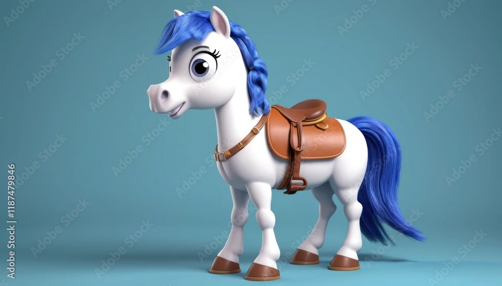A cheerful 3D rendering of a cartoon pony wearing a saddle, perfect for children's books, websites, or apps. A cheerful 3D rendering of a cartoon pony wearing a saddle, perfect for children's books, websites, or apps.