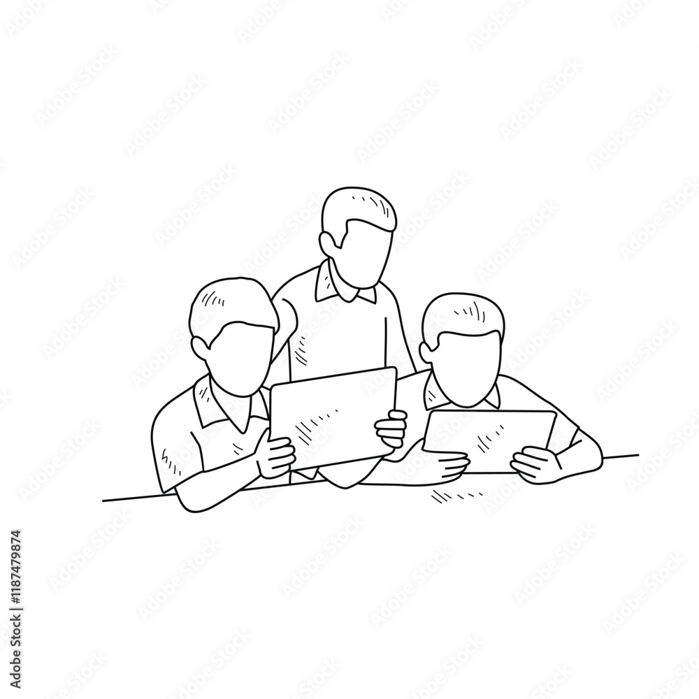 Simple sketch drawing of the students studying with device technology in a class at school. Education themes in simple sketch concept design vector and good for presentation education purpose. Simple sketch drawing of the students studying with device technology in a class at school. Education themes in simple sketch concept design vector and good for presentation education purpose.