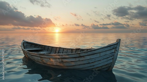   A boat afloat on water beneath a cloudy sky, with the sun nearby