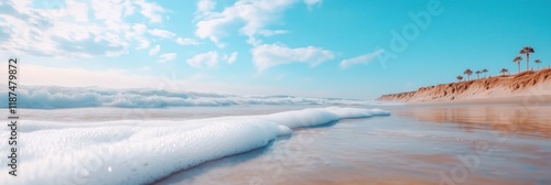 Soft ocean waves wash onto a sandy beach as clouds drift overhead in the distance