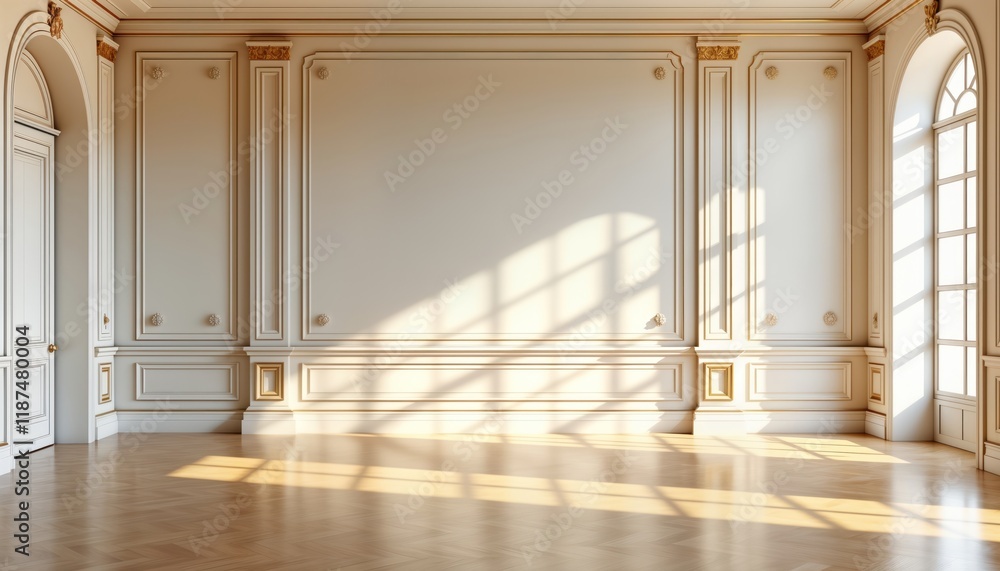 Empty elegant interior with large windows. Sunlight creates shadows on light wooden floor. Classic wall paneling with gold accents. Luxurious, spacious room. Perfect for furniture interior design Empty elegant interior with large windows. Sunlight creates shadows on light wooden floor. Classic wall paneling with gold accents. Luxurious, spacious room. Perfect for furniture interior design