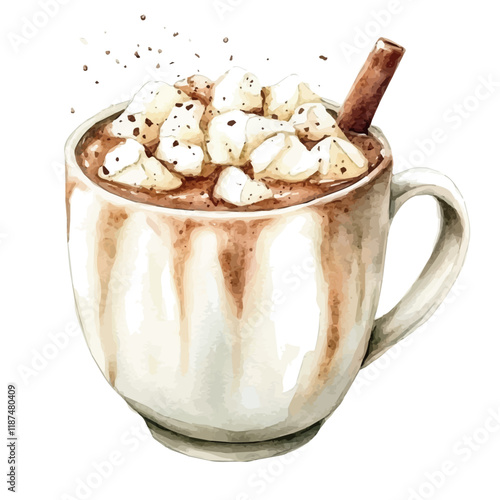 A watercolor drawing of a cup of white hot chocolate, isolated on a white background. White hot chocolate vector.
