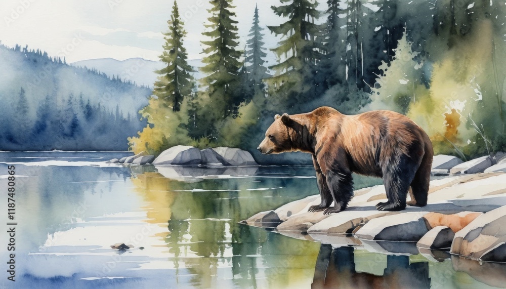 Watercolor illustration of a wildlife scene with a bear catching salmon by a river in Alaska during the day Watercolor illustration of a wildlife scene with a bear catching salmon by a river in Alaska during the day