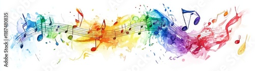 Music note symbols in a range of hues: pink, red, orange, yellow, green, blue, cyan, purple, and violet. Hand-painted watercolour art, suitable as isolated clipart for design, patterns, and stickers.