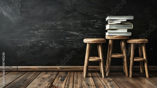 A cozy classroom scene featuring a blackboard, wooden desk, and stacks of books, ideal for study and learning.