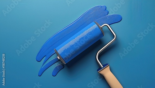 Meticulous Application of Blue Paint with a Stiff Bristle Paint Roller photo