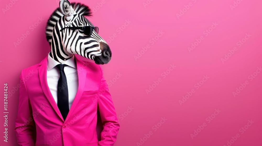 Fototapeta premium A stylish zebra struts in a funky dress jacket, tie, and shades, exuding supermodel vibes against a plain backdrop.