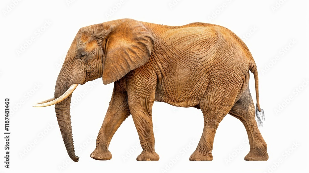 Obraz premium Majestic large African elephant stands proud on a bright white background, showcasing its grandeur and strength.