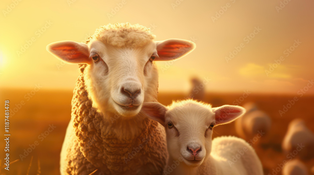 Fototapeta premium A mother sheep and her lamb bask in the warm glow of the sunset, creating a serene meadow scene.