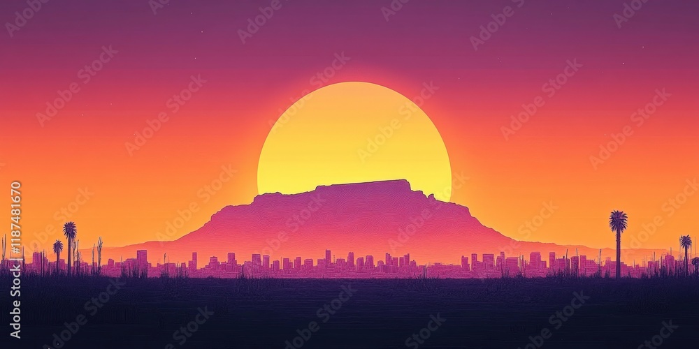 Obraz premium Stunning Vibrant Sunset over Mesmerizing Desert Landscape with Silhouetted Cactus and Mountain Against Colorful Sky in Warm Hues of Orange and Purple