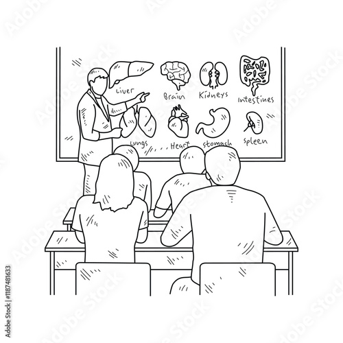 Simple sketch drawing of a  teacher is teaching his students Biology lessons in a class at school. Education themes in simple sketch concept design vector and good for presentation education purpose.