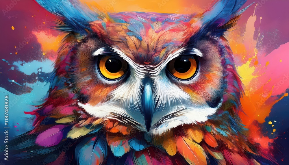 Stunning Owl Painting with Vibrant Paint Splash Technique on Colorful Backdrop, Showcasing Artistic Expression and Mixed Media Aesthetics Stunning Owl Painting with Vibrant Paint Splash Technique on Colorful Backdrop, Showcasing Artistic Expression and Mixed Media Aesthetics