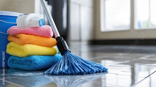 Brightly colored cleaning supplies ready for tidying up a modern home interior on a sunny day photo