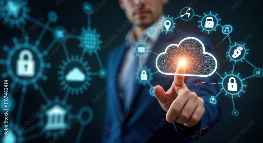 Businessman interacts with cloud tech infographic. Hand touches digital cloud computing icon. Cloud storage shows lifestyle data like banking, shopping. Secure tech concept. Global network access. Businessman interacts with cloud tech infographic. Hand touches digital cloud computing icon. Cloud storage shows lifestyle data like banking, shopping. Secure tech concept. Global network access.