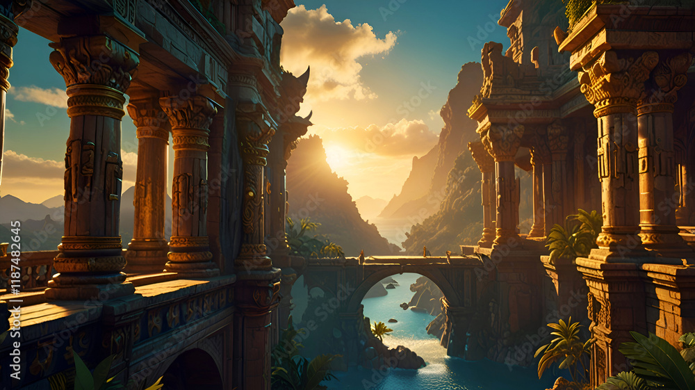 Opulent ancient Temple of lost Lemuria civilization bathed in golden sun light. culture concept. Ai generated