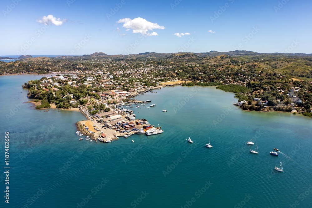 Fototapeta premium Hell Ville, the capital of the island of Nosy Be. Madagascar. Aerial view.