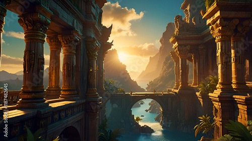 Obraz na płótnie Opulent ancient Temple of lost Lemuria civilization bathed in golden sun light. culture concept. Ai generated w salonie