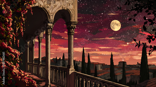 Original balcony of romeo and juliet under a starry verona sky, verona, italy, romeo and juliet, balcony. Shadowspire. Illustration