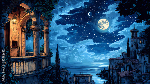 Original balcony of romeo and juliet under a starry verona sky, verona, italy, romeo and juliet, balcony. Shadowspire. Illustration