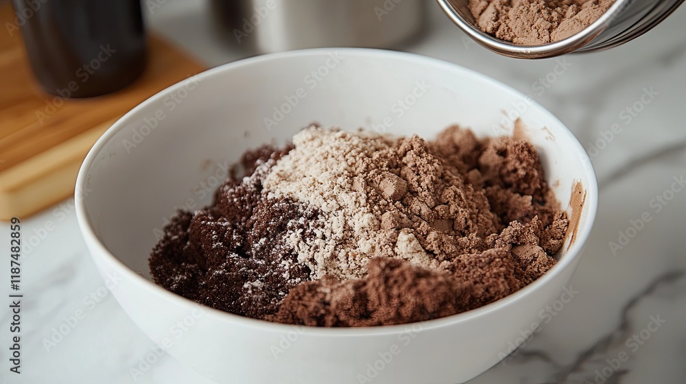 Mixing ingredients for a rich chocolate dessert in a white bowl on a kitchen counter Mixing ingredients for a rich chocolate dessert in a white bowl on a kitchen counter