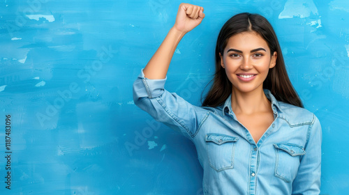 Happy girl celebrates her success with a fist pump, radiating positivity against a vibrant blue background. photo