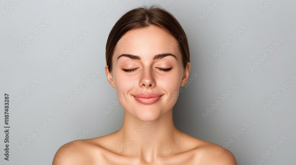 A serene portrait of a joyful woman with closed eyes gently caressing her neck, embodying blissful selfcare moments. A serene portrait of a joyful woman with closed eyes gently caressing her neck, embodying blissful selfcare moments.