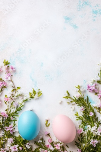 Pastel eggs surrounded by delicate flowers create a charming rustic Easter decoration