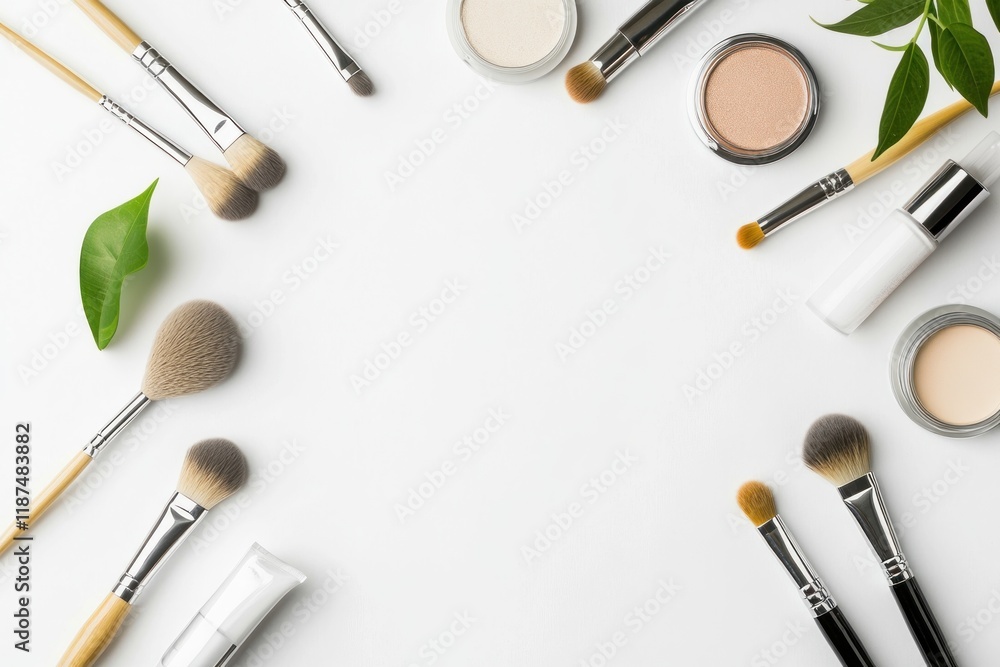 Cosmetics and brushes are neatly arranged on a clean white surface for daily skin care routine