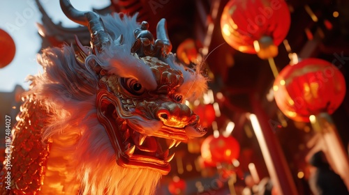 A majestic dragon graces a lively street filled with red lanterns and festivities photo