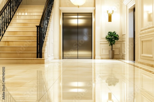 Interior of a contemporary residential entrance with sleek elevator and stylish staircase photo