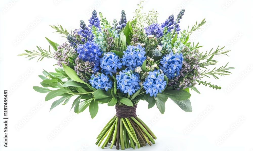 Fototapeta premium Colorful bouquet of blue hyacinth flowers with greenery and flowers, floral arrangement, mixed flowers, white background
