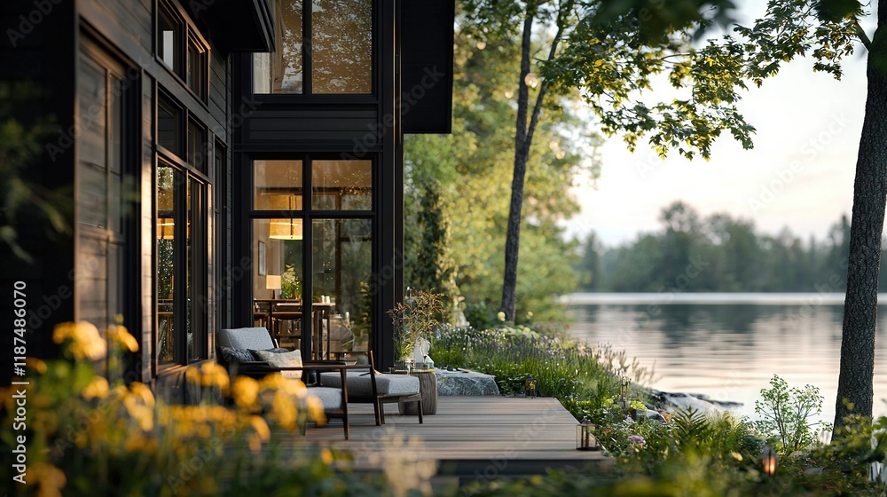 Obraz premium A house on a lake with a deck of chairs and flowers in the foreground