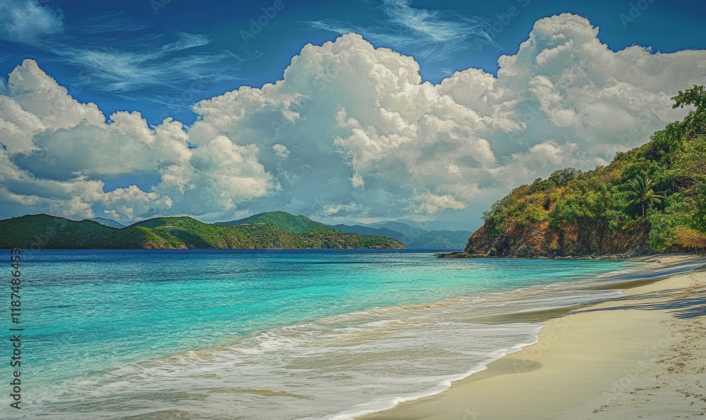 Obraz premium Fluffy clouds float above a white sand beach with turquoise water, white sand beach, soft cloud formations