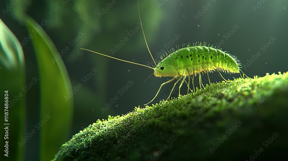 A green insect rests on a mossy surface as sunlight filters through the leaves above A green insect rests on a mossy surface as sunlight filters through the leaves above