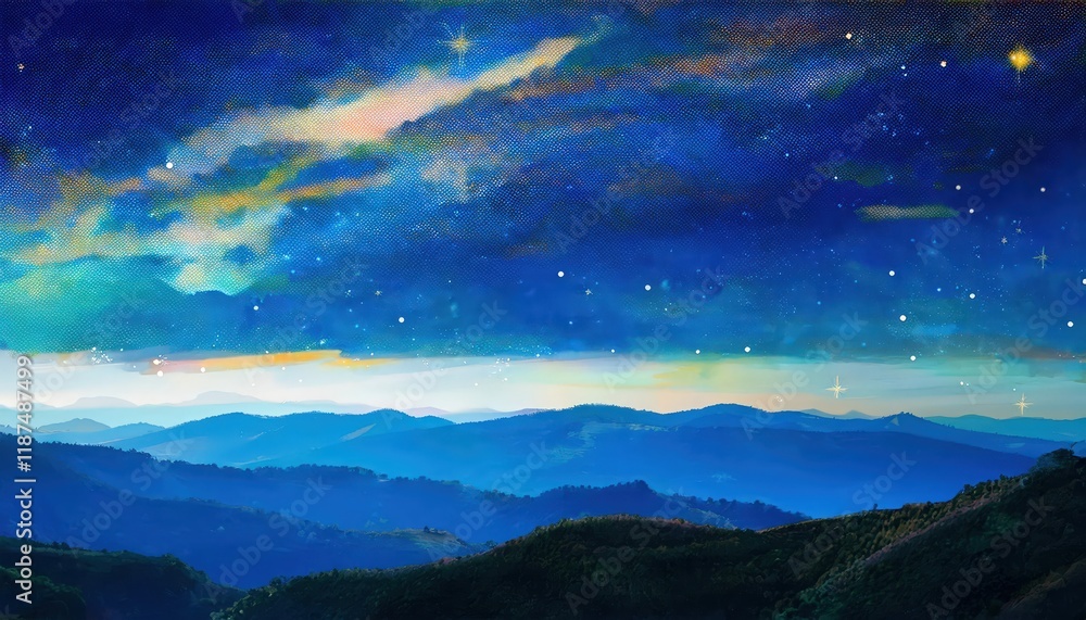 Mesmerizing Mountainous Landscape Bathed in a Night Sky of Swirling Fantasy Clouds and Starry Canopy, Handcrafted Oil Painting Showcasing the Magical Allure of the Nocturnal Cosmos. Mesmerizing Mountainous Landscape Bathed in a Night Sky of Swirling Fantasy Clouds and Starry Canopy, Handcrafted Oil Painting Showcasing the Magical Allure of the Nocturnal Cosmos.