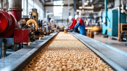 Workers efficiently produce eco-friendly materials in a sustainable factory setting