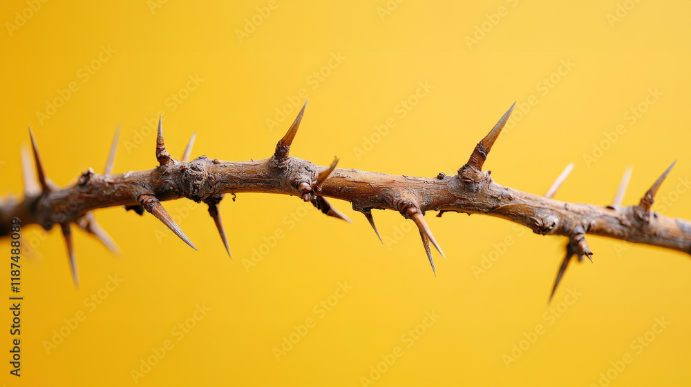 Obraz premium Spiky thorn branch on a yellow background