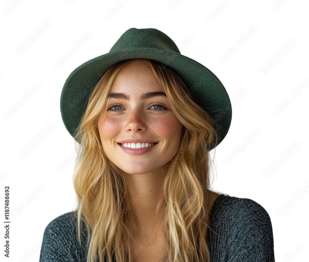 Smiling blonde woman wearing green hat in high fidelity portrait indoor setting joyful expression isolated on transparent background png Smiling blonde woman wearing green hat in high fidelity portrait indoor setting joyful expression isolated on transparent background png