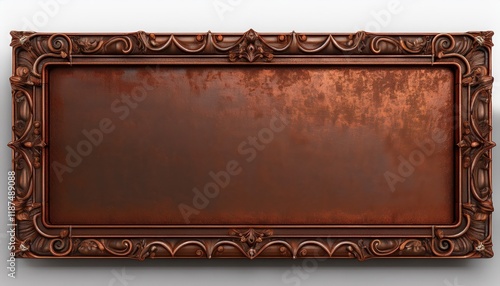 Detailed Vintage Rustic Copper Picture Frame Displayed with Transparent 3D Effect, Showcasing the Aged Patina and Intricate Carvings photo