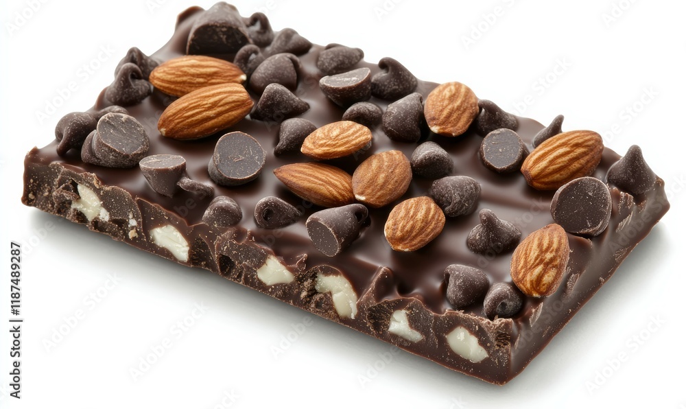 Close-up of Dark Chocolate Bar with Almonds and Chocolate Chips Close-up of Dark Chocolate Bar with Almonds and Chocolate Chips