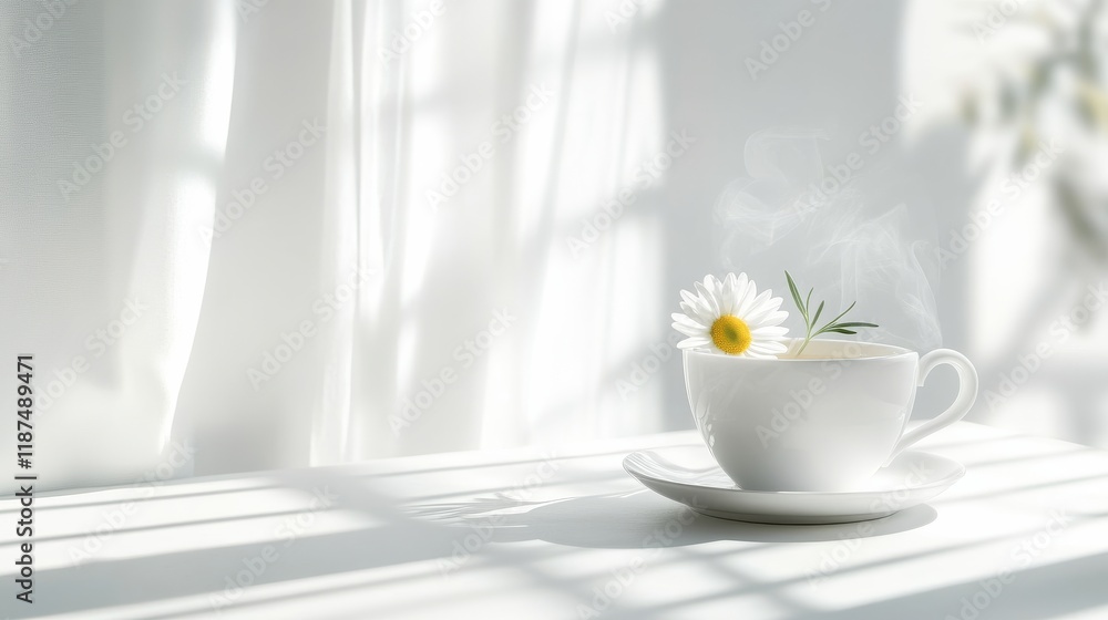 White tea cup with daisy on table in soft sunlight, minimalist morning refreshment concept White tea cup with daisy on table in soft sunlight, minimalist morning refreshment concept