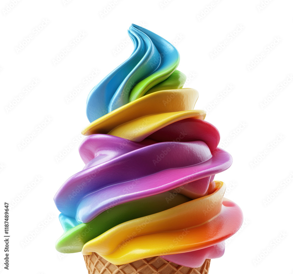 Rainbow colored ice cream swirl cone in high fidelity delightful dessert captivating view vibrant confectionery isolated on transparent background png