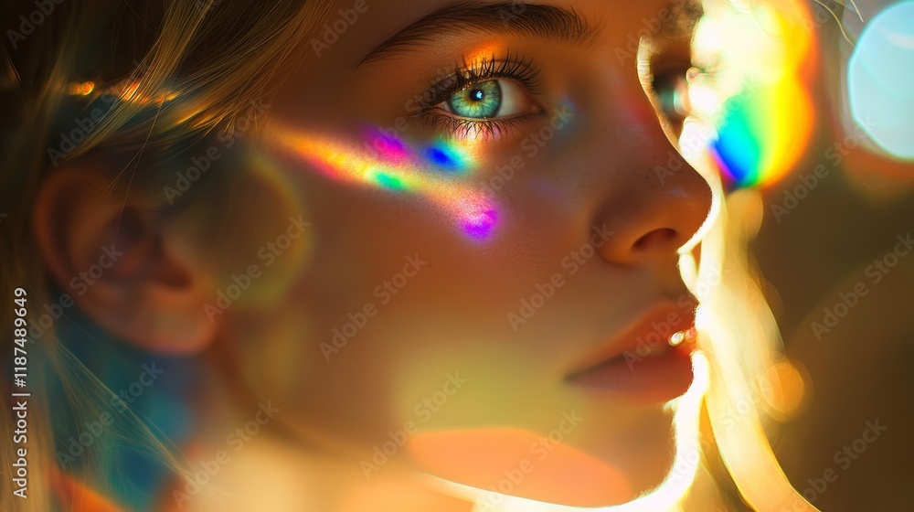 Close-up of woman's face with rainbow light reflections and soft bokeh. Ethereal beauty and light concept Close-up of woman's face with rainbow light reflections and soft bokeh. Ethereal beauty and light concept