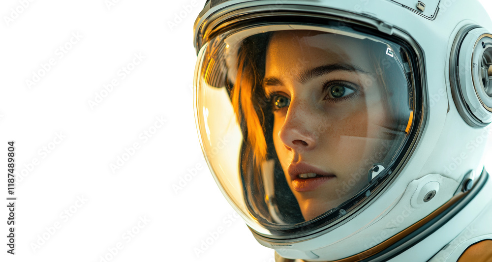 Exploring the unknown woman in space helmet observing the cosmos indoor studio high-fidelity portrait isolated on transparent background png Exploring the unknown woman in space helmet observing the cosmos indoor studio high-fidelity portrait isolated on transparent background png