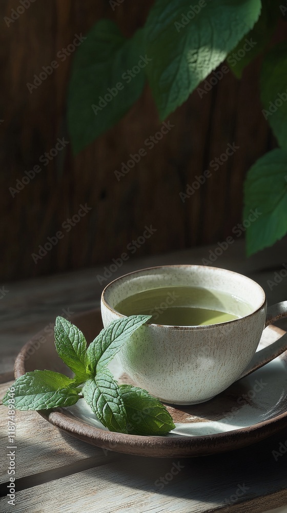 Cup of green tea with fresh mint leaves on wooden table, rustic setting. relaxation and wellness concept Cup of green tea with fresh mint leaves on wooden table, rustic setting. relaxation and wellness concept