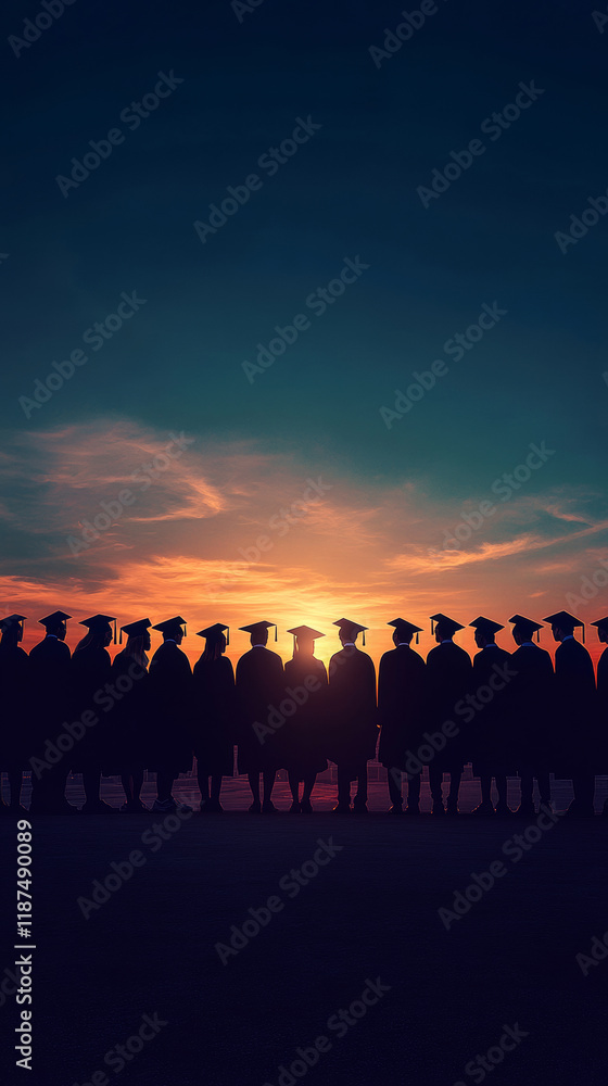 Graduates in caps and gowns at sunset, celebration of achievement, education inspiration concept Graduates in caps and gowns at sunset, celebration of achievement, education inspiration concept