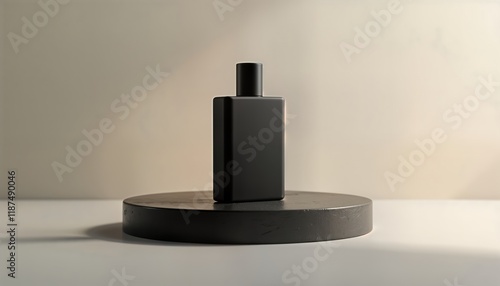 Wallpaper Mural Empty black perfume bottle sits neatly on dark round podium against neutral background. Modern product display. Luxury cosmetic bottle design. Elegant, sophisticated product presentation. Ideal for Torontodigital.ca