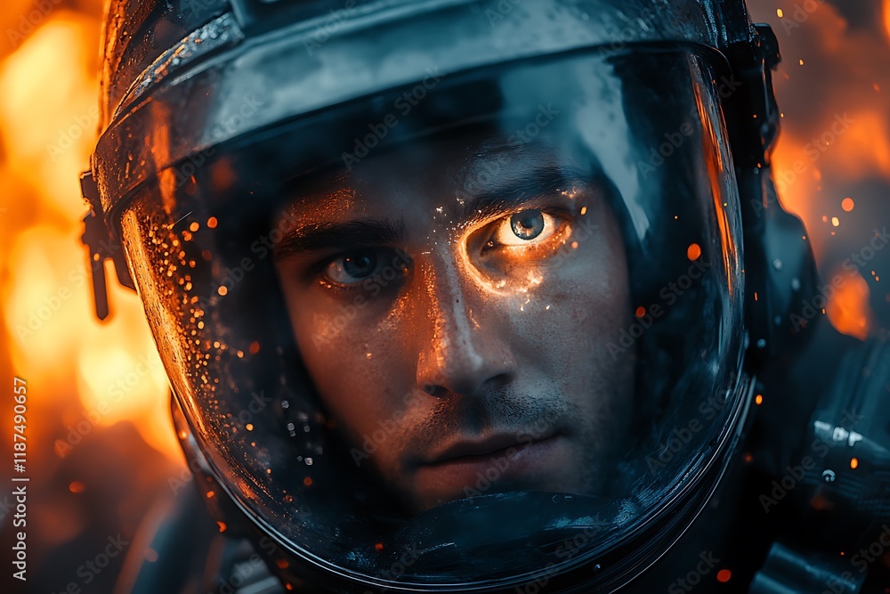 A Man in a Helmet Faces a Fiery Inferno A Man in a Helmet Faces a Fiery Inferno