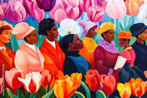 Diverse Women Celebrating International Women's Day Surrounded by Colorful Flowers, Feminism, Equality Concept photo