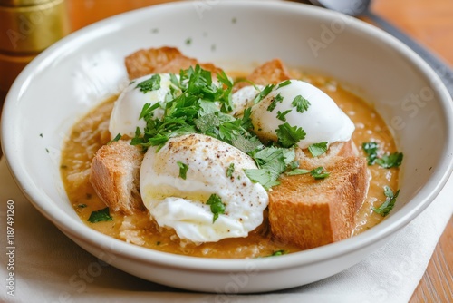 Açorda. Traditional Portuguese açorda dish with poached eggs, crusty bread, and fresh cilantro in a flavorful brot photo